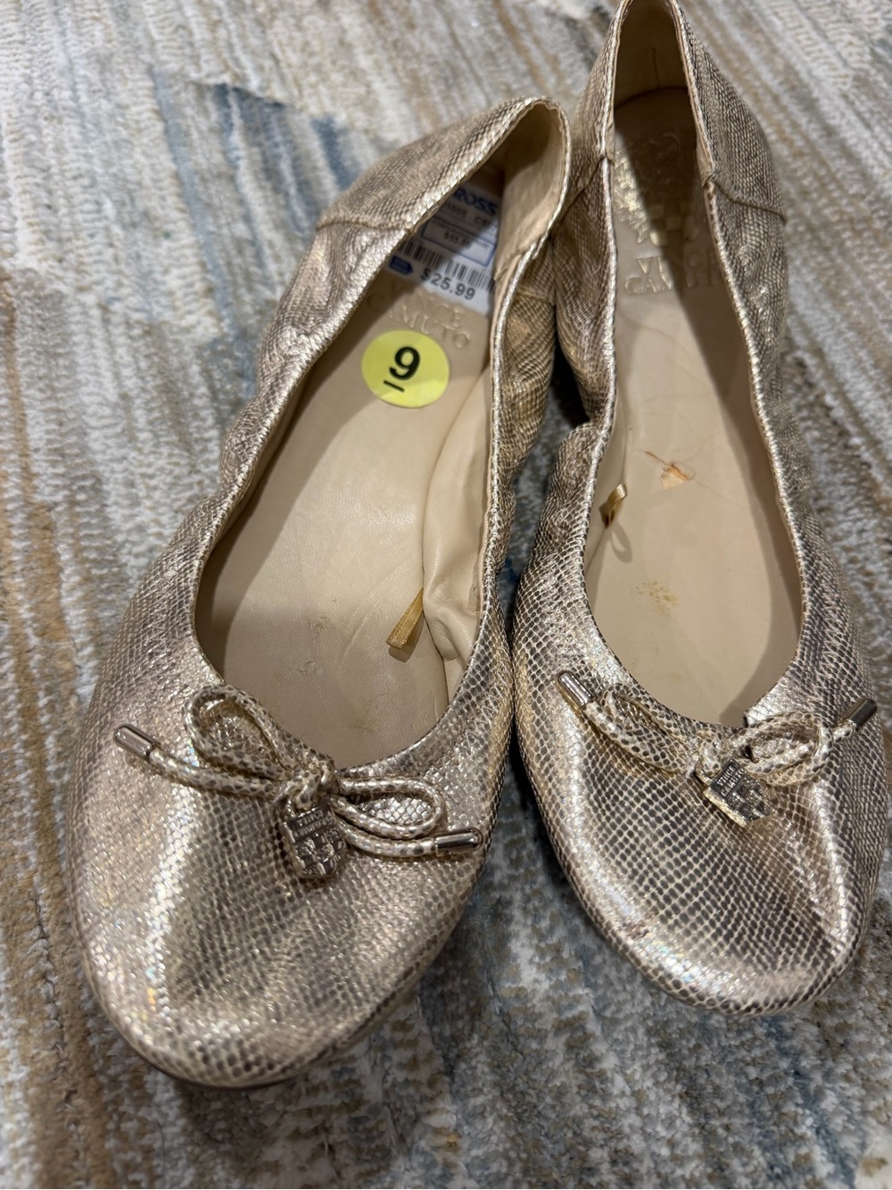 Vince Camuto Metallic Gold Snake-Texture Ballet Flats with Bow